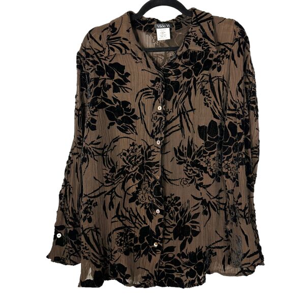 Vikki Vi Silk Velvet Burnout Blend Floral Semi Sheer Button Blouse Size 1X - Picture 1 of 5
